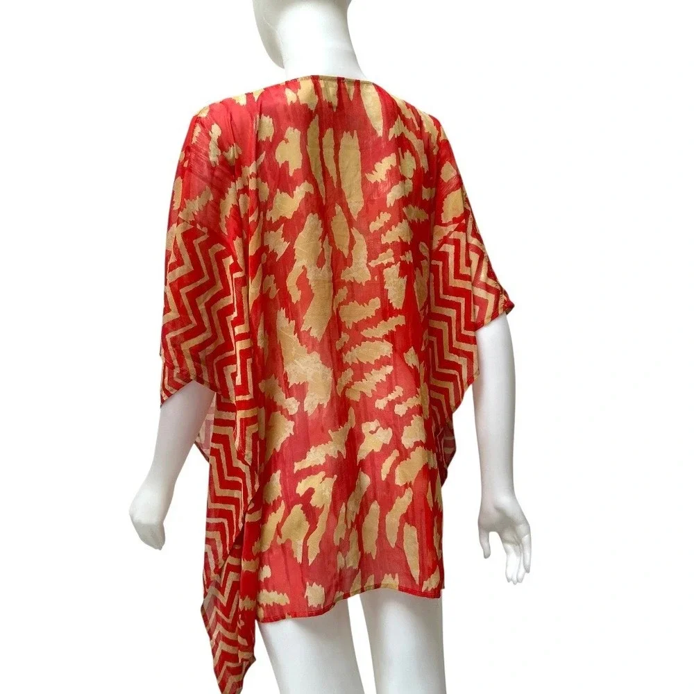 Chicos Red Abstract Animal Print Sheer Kaftan Swim Cover Up Boho Resortwear S/M